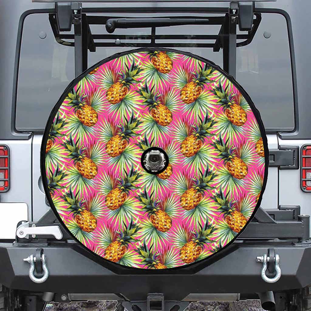 Pink Watercolor Pineapple Pattern Print Tire Cover With Camera Hole