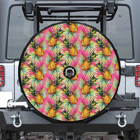 Pink Watercolor Pineapple Pattern Print Tire Cover With Camera Hole