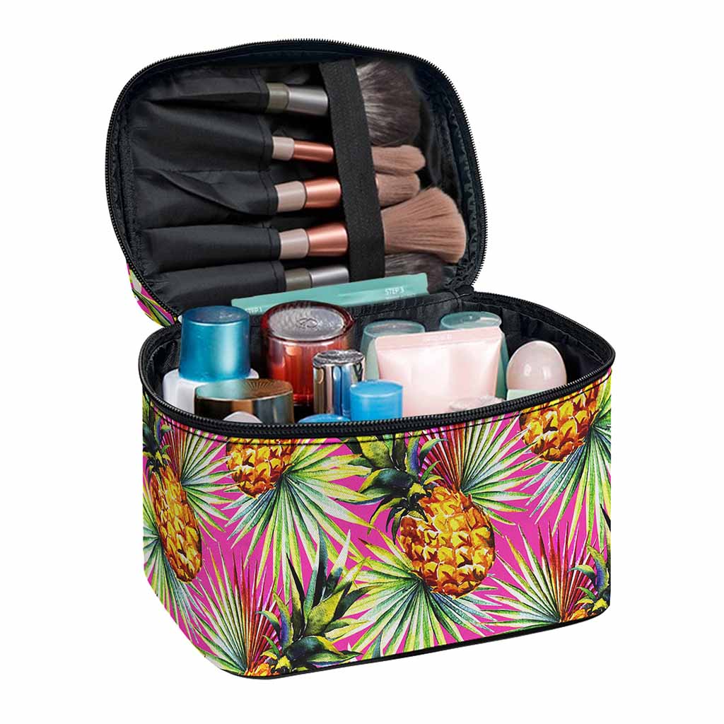 Pink Watercolor Pineapple Pattern Print Travel Makeup Bag