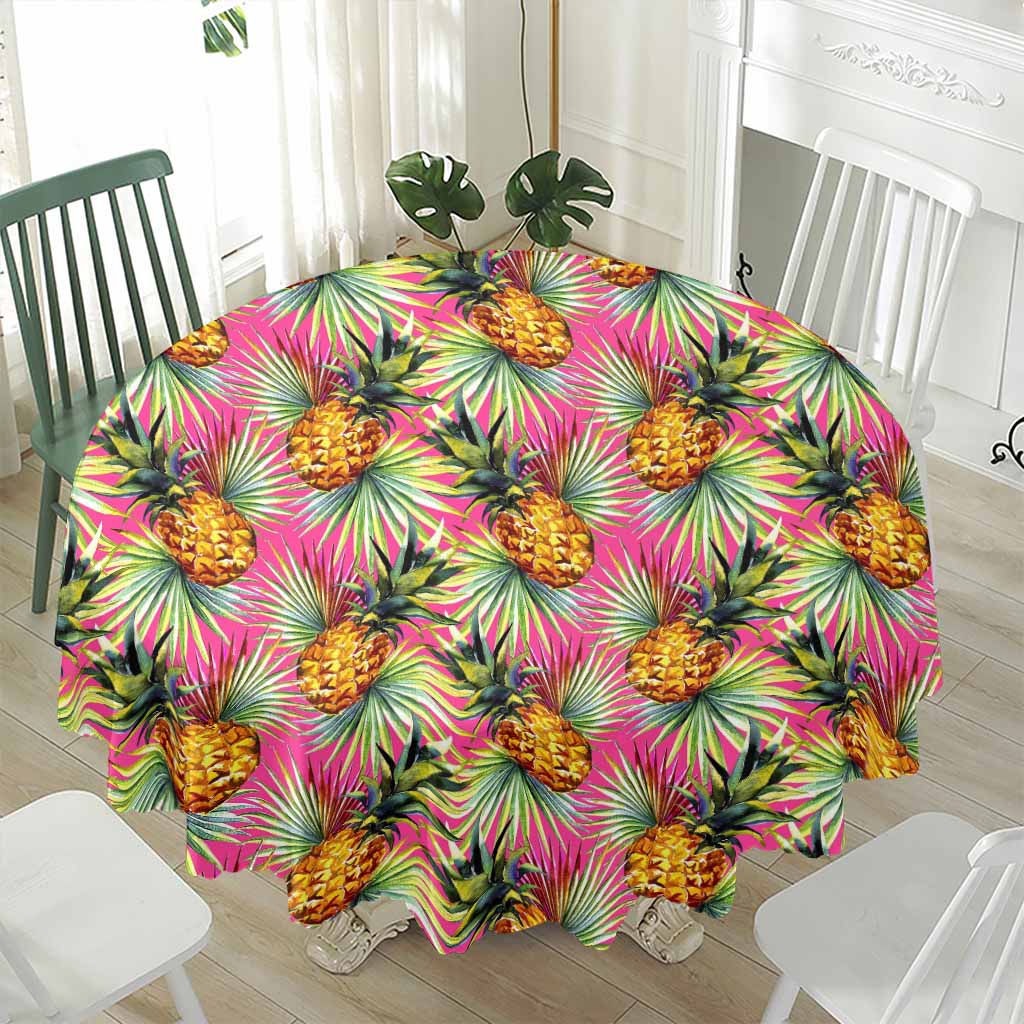 Pink Watercolor Pineapple Pattern Print Waterproof Round Tablecloth