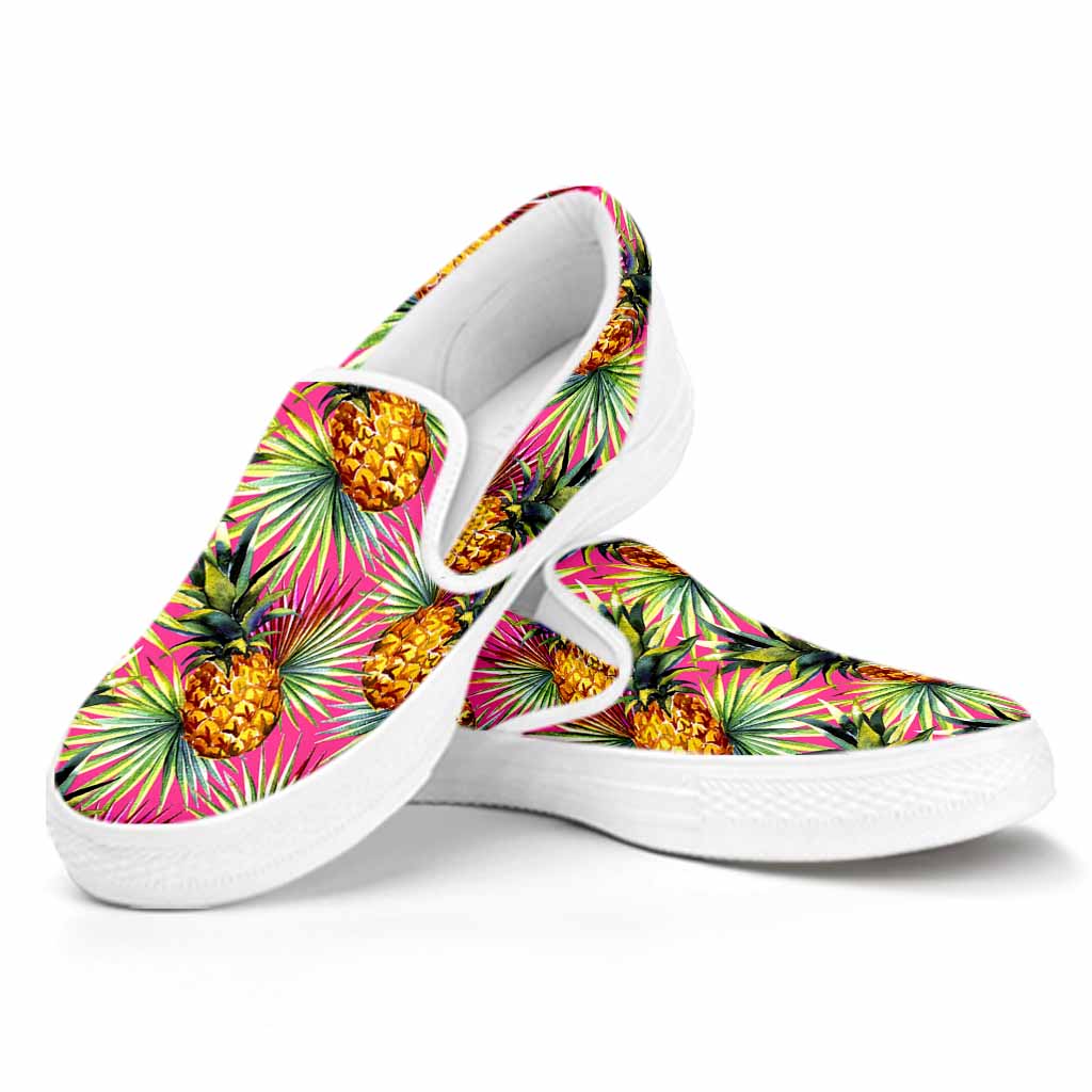 Pink Watercolor Pineapple Pattern Print White Slip On Sneakers