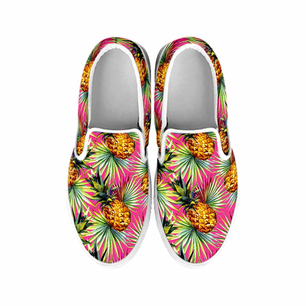 Pink Watercolor Pineapple Pattern Print White Slip On Sneakers