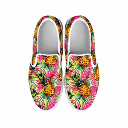Pink Watercolor Pineapple Pattern Print White Slip On Sneakers