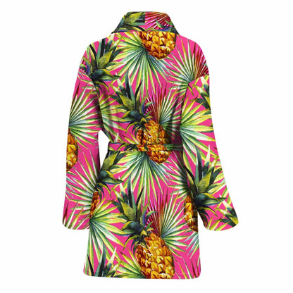 Pink Watercolor Pineapple Pattern Print Women's Bathrobe
