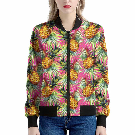 Pink Watercolor Pineapple Pattern Print Women's Bomber Jacket