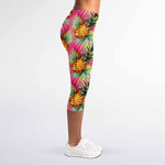 Pink Watercolor Pineapple Pattern Print Women's Capri Leggings