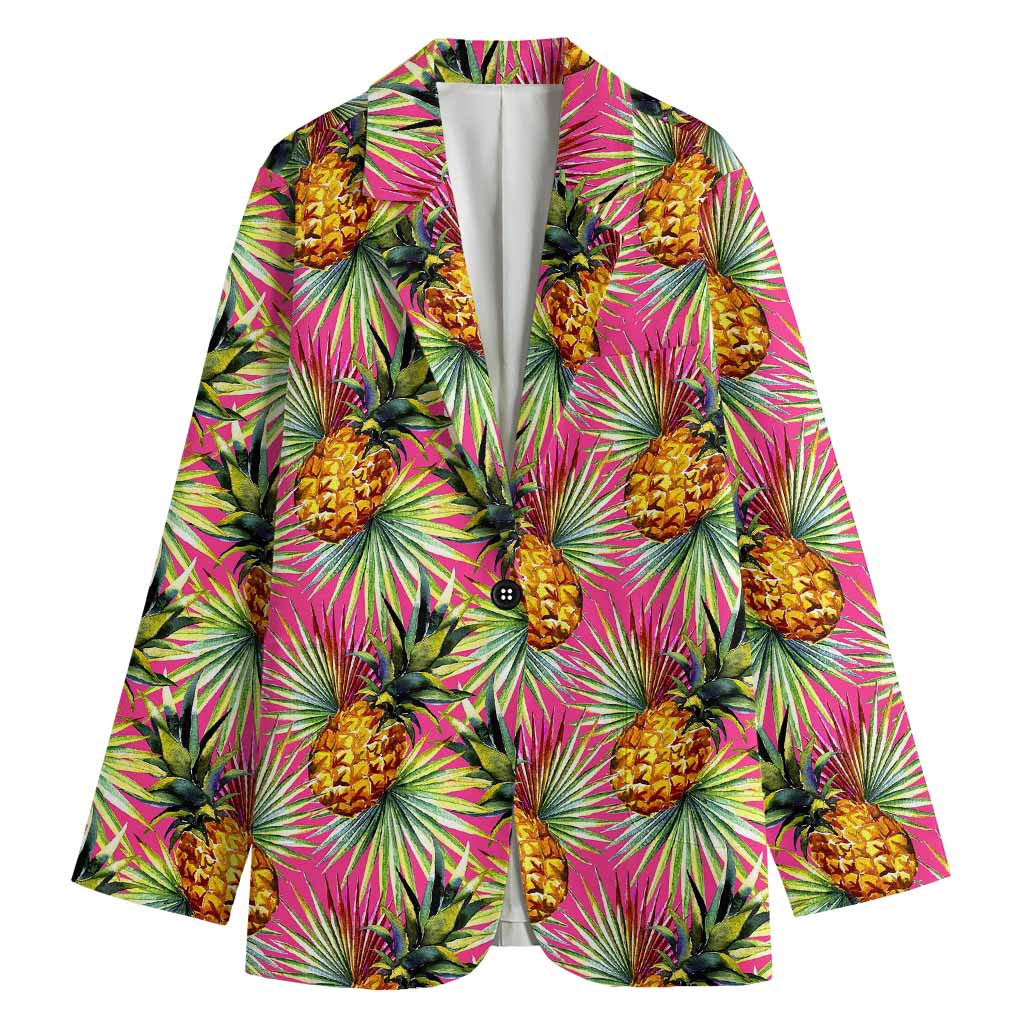 Pink Watercolor Pineapple Pattern Print Women's Cotton Blazer