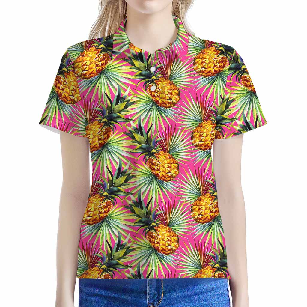 Pink Watercolor Pineapple Pattern Print Women's Polo Shirt