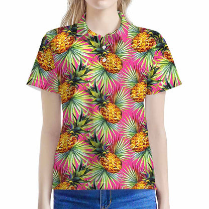Pink Watercolor Pineapple Pattern Print Women's Polo Shirt