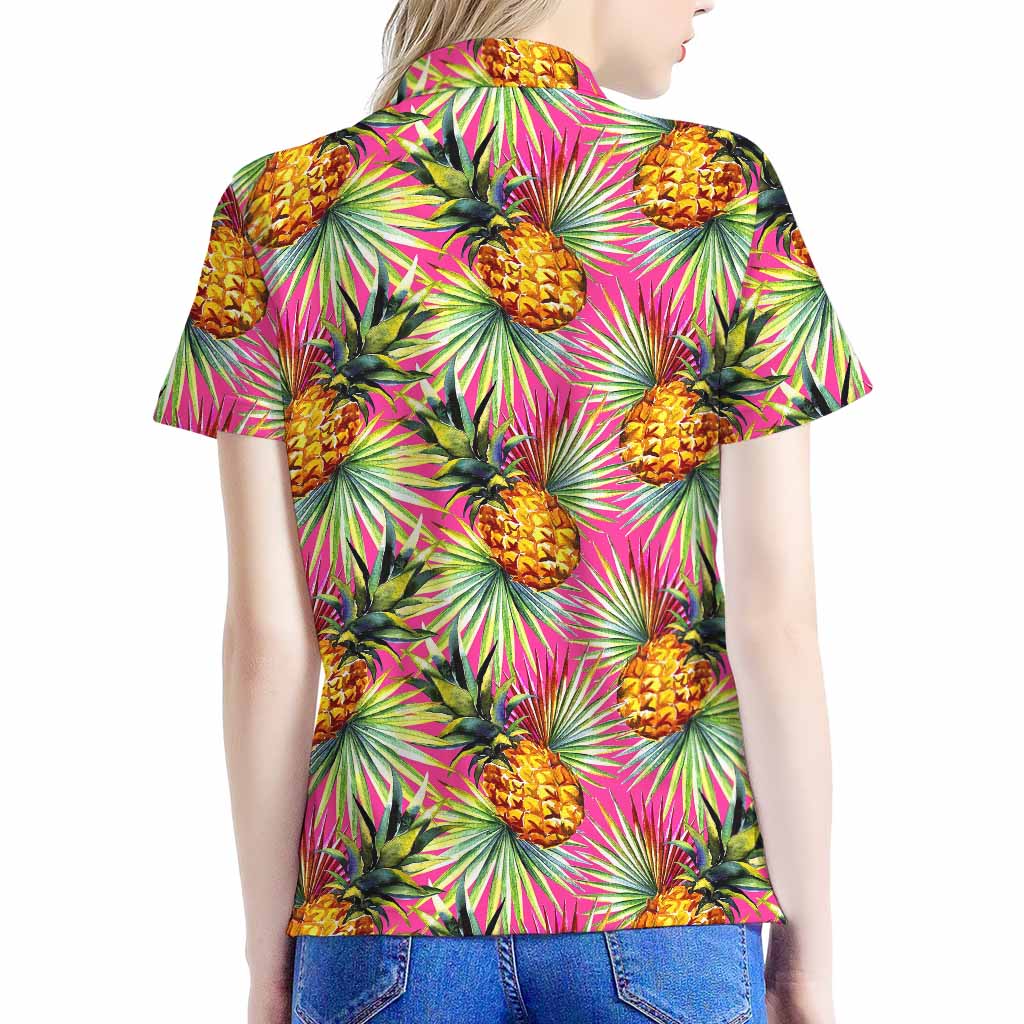 Pink Watercolor Pineapple Pattern Print Women's Polo Shirt