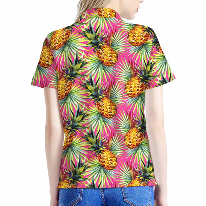 Pink Watercolor Pineapple Pattern Print Women's Polo Shirt