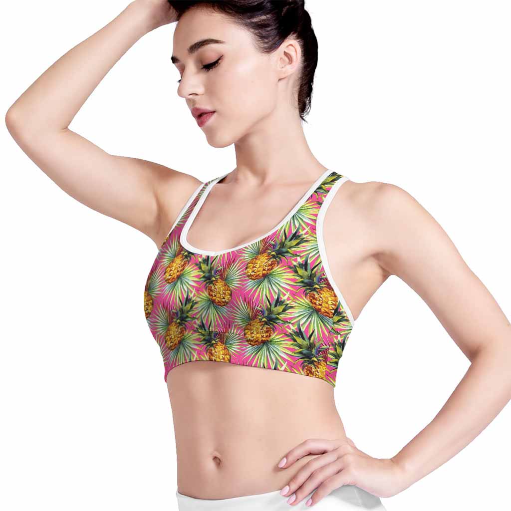 Pink Watercolor Pineapple Pattern Print Women's Sports Bra