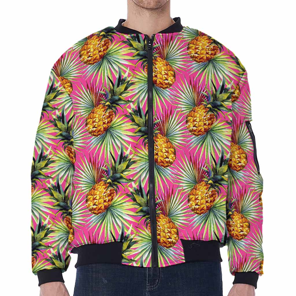 Pink Watercolor Pineapple Pattern Print Zip Sleeve Bomber Jacket