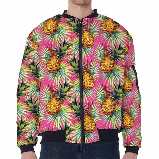 Pink Watercolor Pineapple Pattern Print Zip Sleeve Bomber Jacket