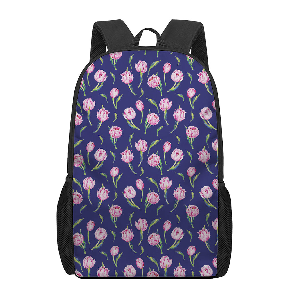 Pink Watercolor Tulip Flower Print 17 Inch Backpack