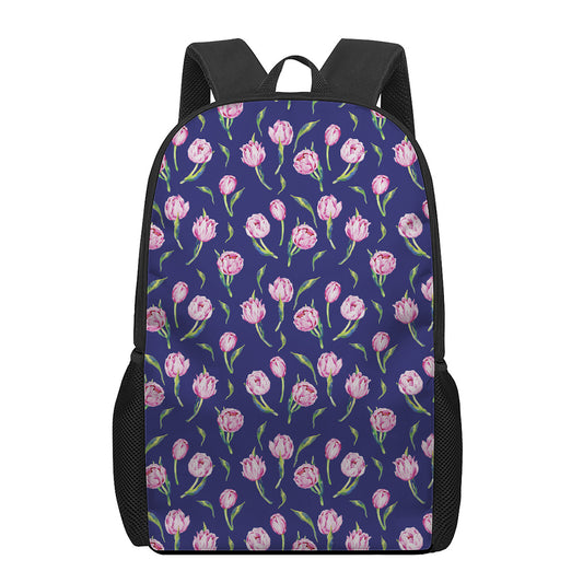 Pink Watercolor Tulip Flower Print 17 Inch Backpack