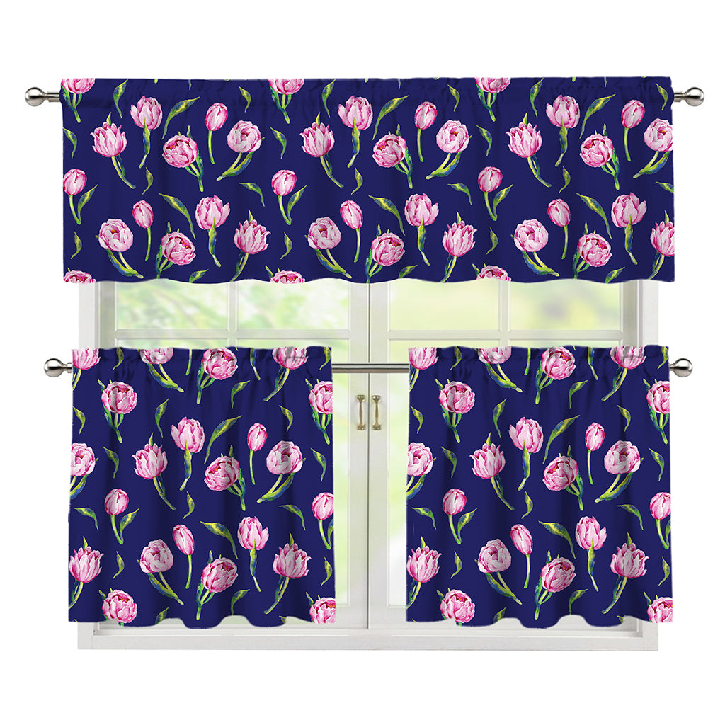 Pink Watercolor Tulip Flower Print 3 Piece Kitchen Curtains