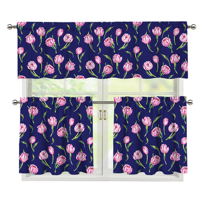 Pink Watercolor Tulip Flower Print 3 Piece Kitchen Curtains