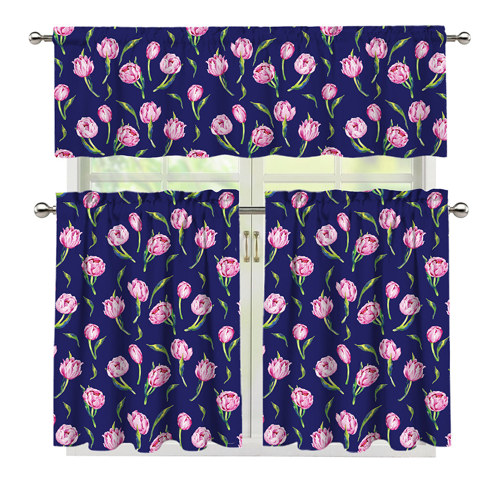 Pink Watercolor Tulip Flower Print 3 Piece Kitchen Curtains