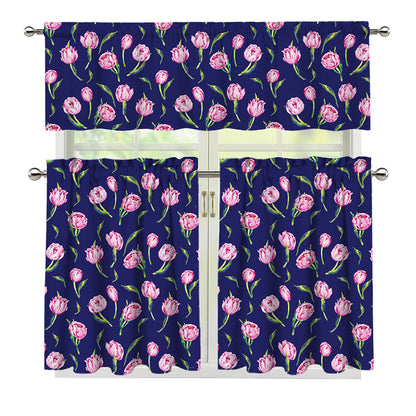 Pink Watercolor Tulip Flower Print 3 Piece Kitchen Curtains