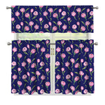 Pink Watercolor Tulip Flower Print 3 Piece Kitchen Curtains