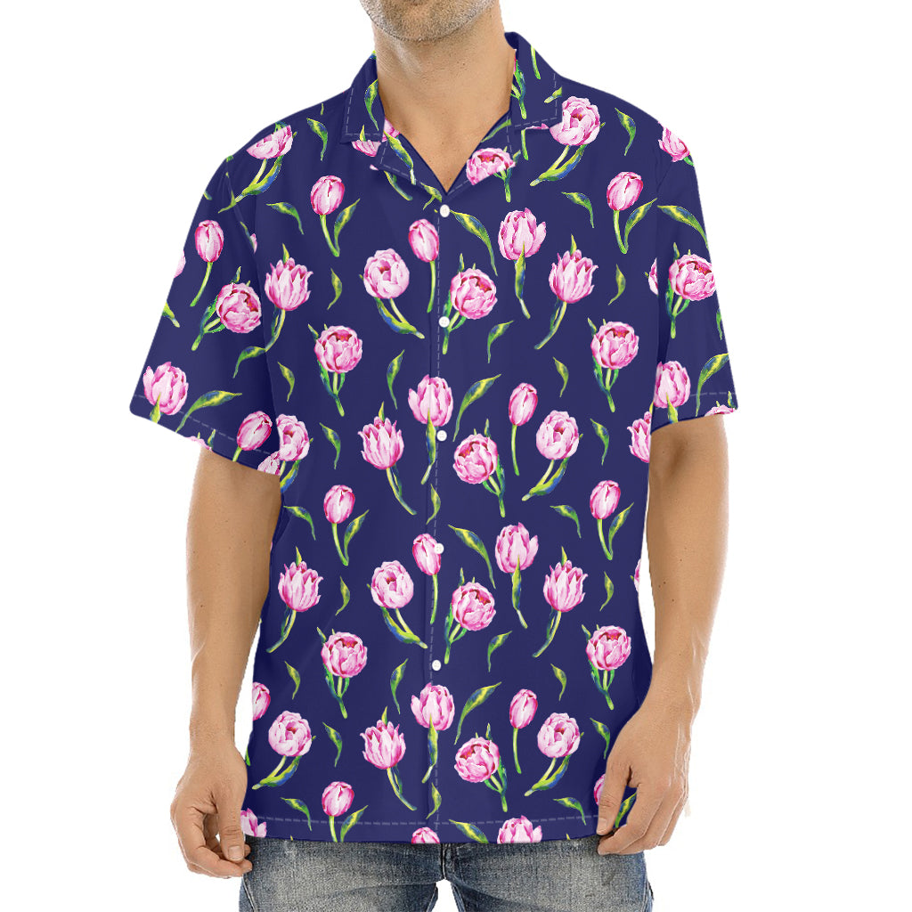 Pink Watercolor Tulip Flower Print Aloha Shirt
