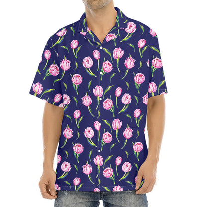 Pink Watercolor Tulip Flower Print Aloha Shirt