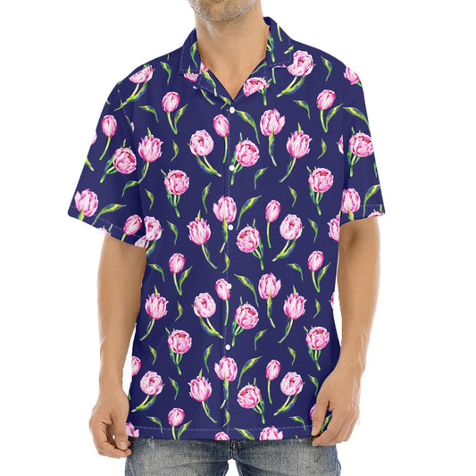 Pink Watercolor Tulip Flower Print Aloha Shirt