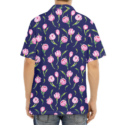 Pink Watercolor Tulip Flower Print Aloha Shirt