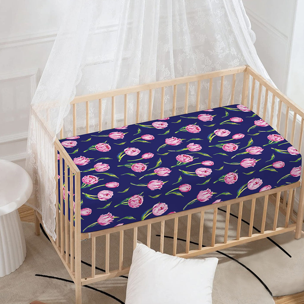Pink Watercolor Tulip Flower Print Baby Crib Sheet