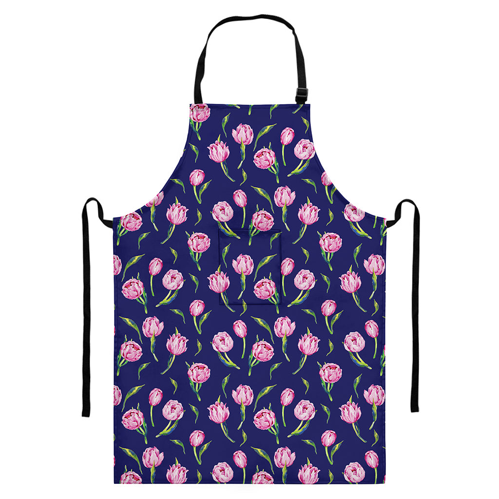 Pink Watercolor Tulip Flower Print Bib Apron With Pocket