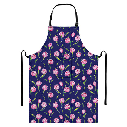 Pink Watercolor Tulip Flower Print Bib Apron With Pocket