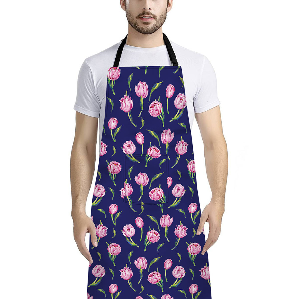 Pink Watercolor Tulip Flower Print Bib Apron With Pocket