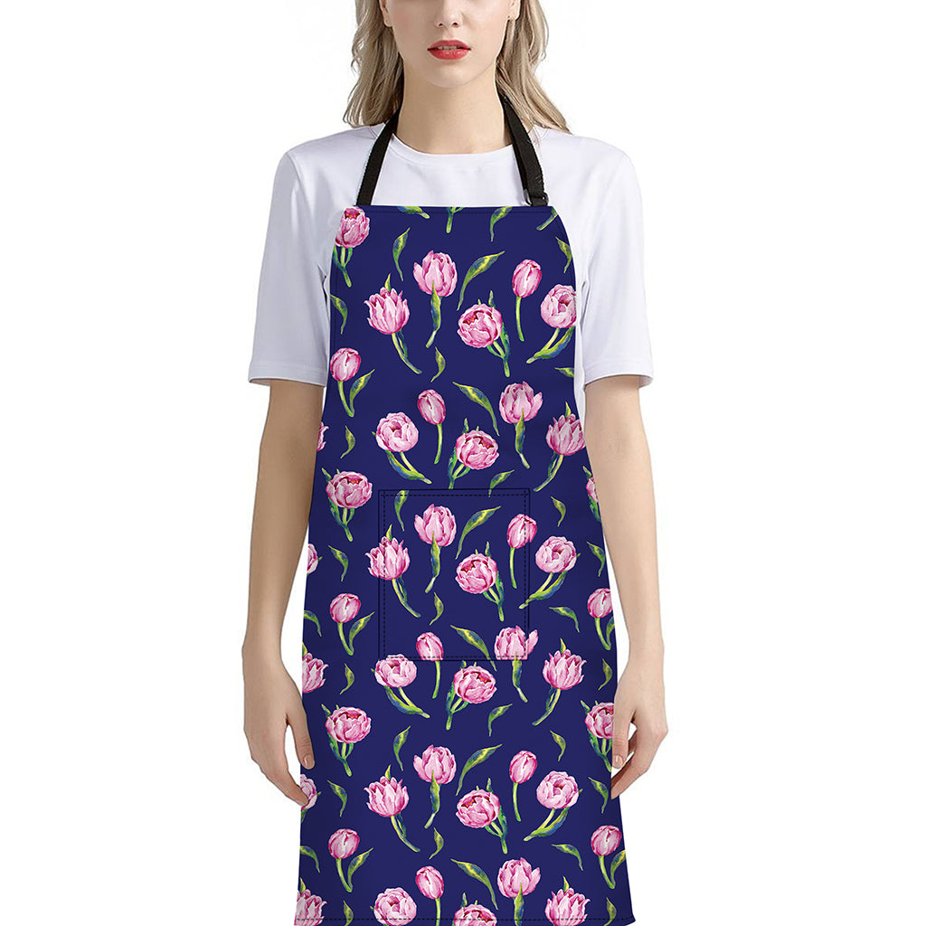 Pink Watercolor Tulip Flower Print Bib Apron With Pocket