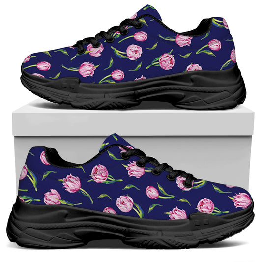 Pink Watercolor Tulip Flower Print Black Chunky Shoes
