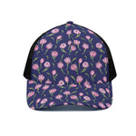 Pink Watercolor Tulip Flower Print Black Mesh Trucker Cap