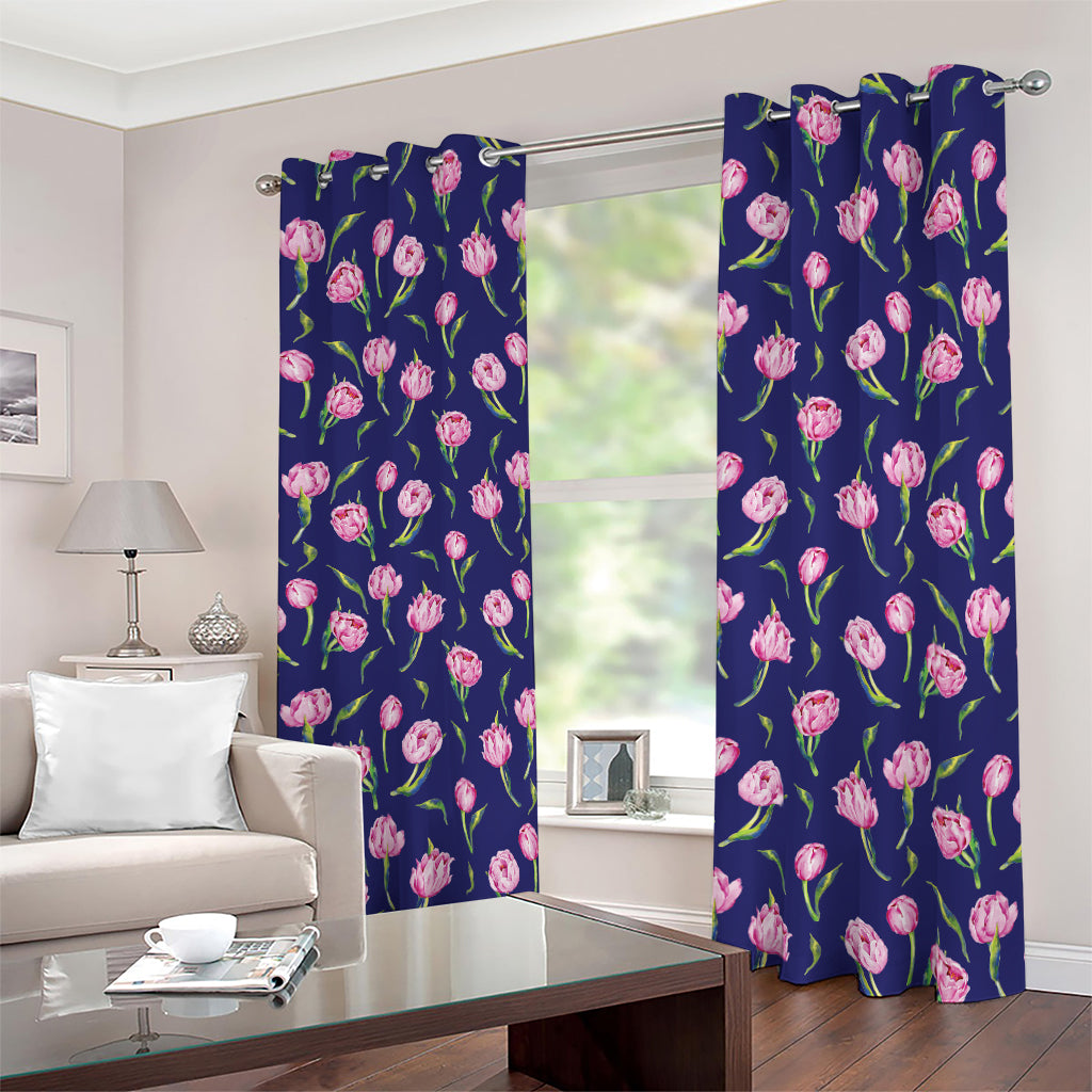 Pink Watercolor Tulip Flower Print Blackout Grommet Curtains