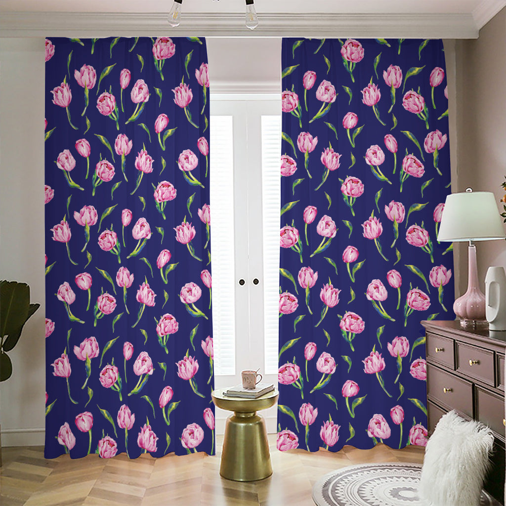Pink Watercolor Tulip Flower Print Blackout Pencil Pleat Curtains