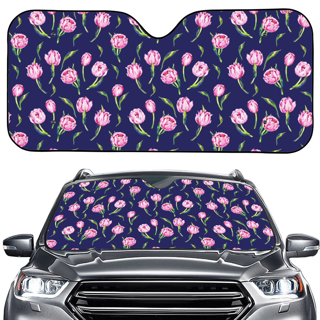 Pink Watercolor Tulip Flower Print Car Windshield Sun Shade