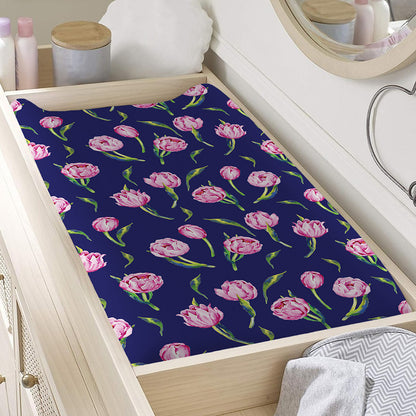 Pink Watercolor Tulip Flower Print Changing Pad Cover