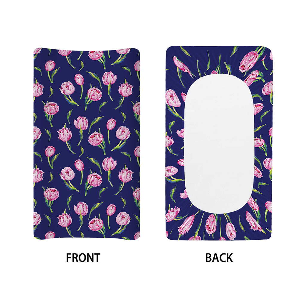 Pink Watercolor Tulip Flower Print Changing Pad Cover