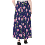 Pink Watercolor Tulip Flower Print Chiffon Maxi Skirt