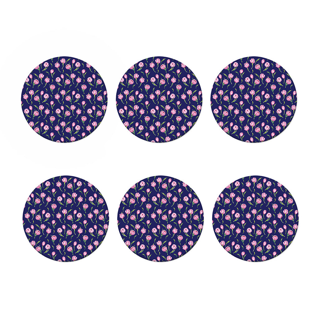 Pink Watercolor Tulip Flower Print Coaster Set