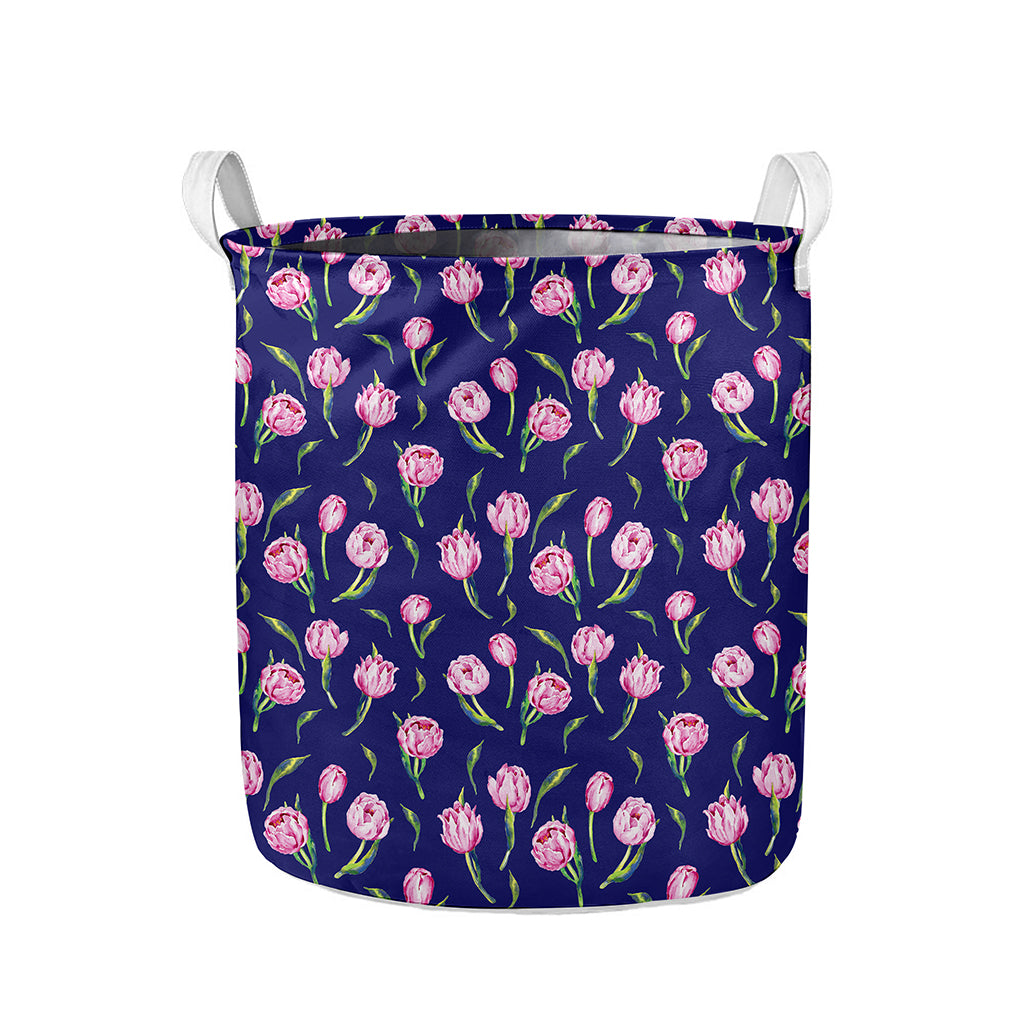 Pink Watercolor Tulip Flower Print Collapsible Laundry Basket