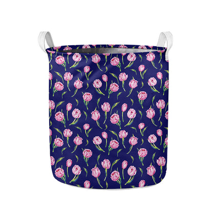 Pink Watercolor Tulip Flower Print Collapsible Laundry Basket