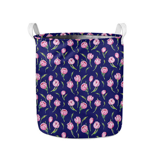Pink Watercolor Tulip Flower Print Collapsible Laundry Basket