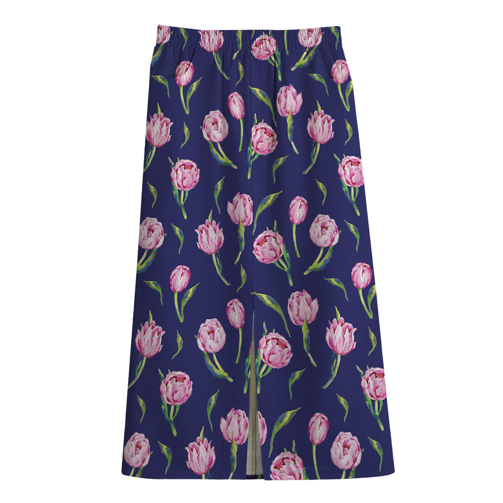 Pink Watercolor Tulip Flower Print Cotton Front Slit Maxi Skirt