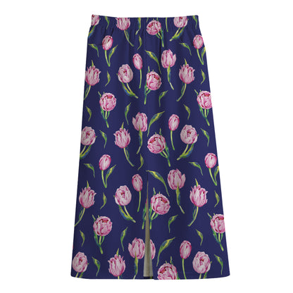Pink Watercolor Tulip Flower Print Cotton Front Slit Maxi Skirt