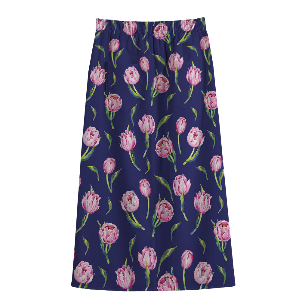 Pink Watercolor Tulip Flower Print Cotton Front Slit Maxi Skirt