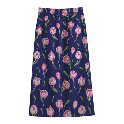 Pink Watercolor Tulip Flower Print Cotton Front Slit Maxi Skirt